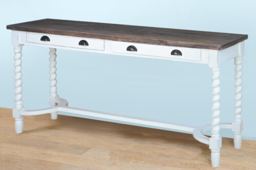 Cottage Collection- Console Table/ Desk in white with raftwood top, angle view in room setting-CC-TAB231TLD-WWRW