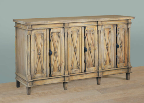 Cottage Collection- Arrow credenza in driftwood, angle view in lifestyle-CC-CAB1709S-DW